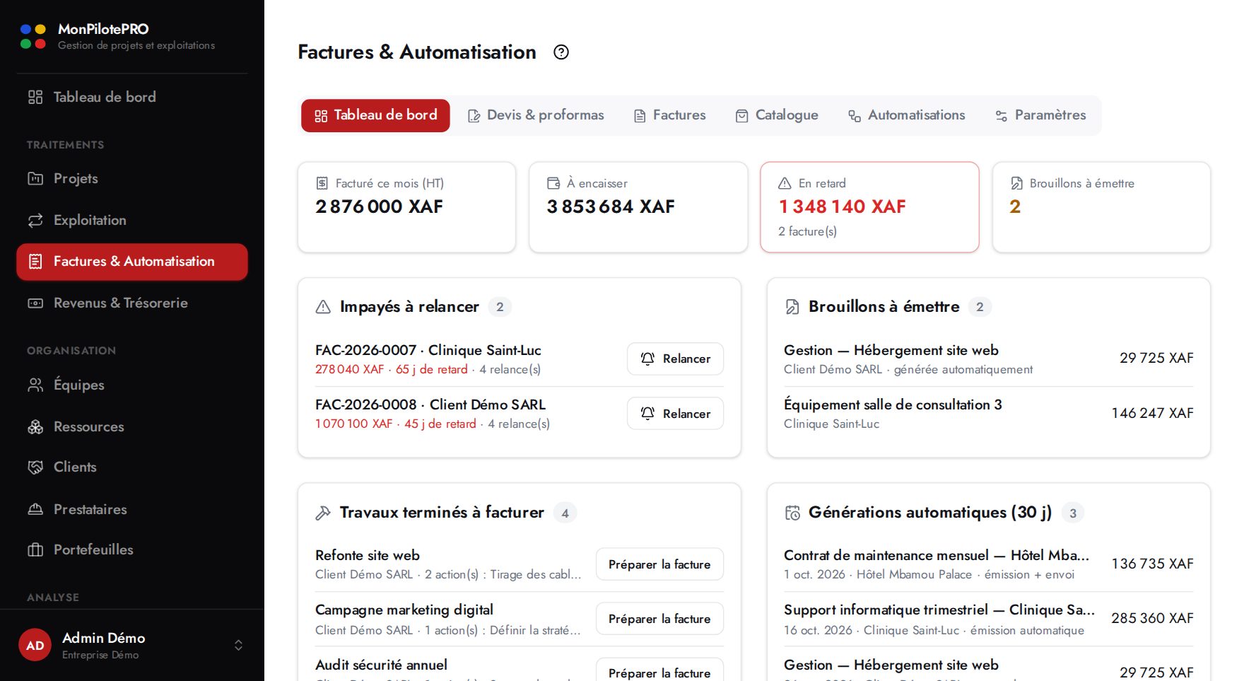 Tableau de bord Factures & Automatisation : montants à encaisser, impayés à relancer, brouillons et générations automatiques